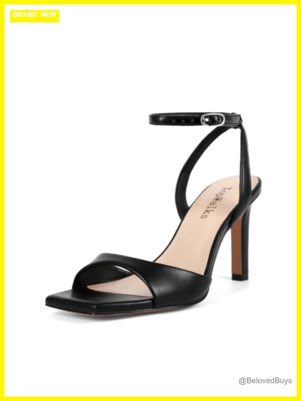 Women's Square Open Toe Stiletto Ankle Strap Sandals 3.5 Inch Faux Leather Heels